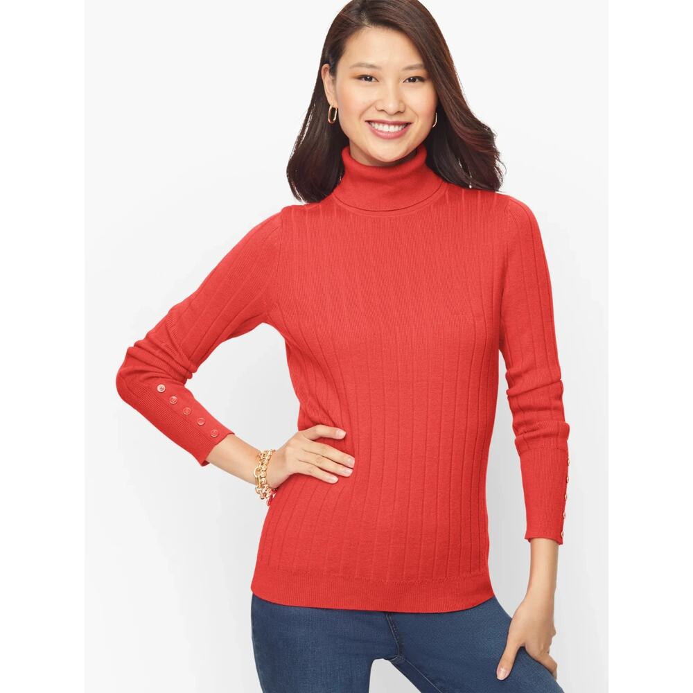 Talbots Ribbed Long Sleeve Button Turtleneck Sweater Size Large Coral Preppy